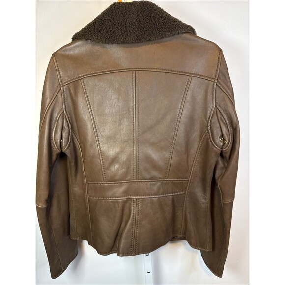 Michael Kors Brown Leather Jacket L Moto Biker Zip Faux Fur Collar Gold Accents - Picture 5 of 10